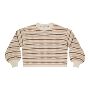 Boxy Crop Sweater - Honeycomb Stripe - Natural / Shell / Dusty Blue / Saddle