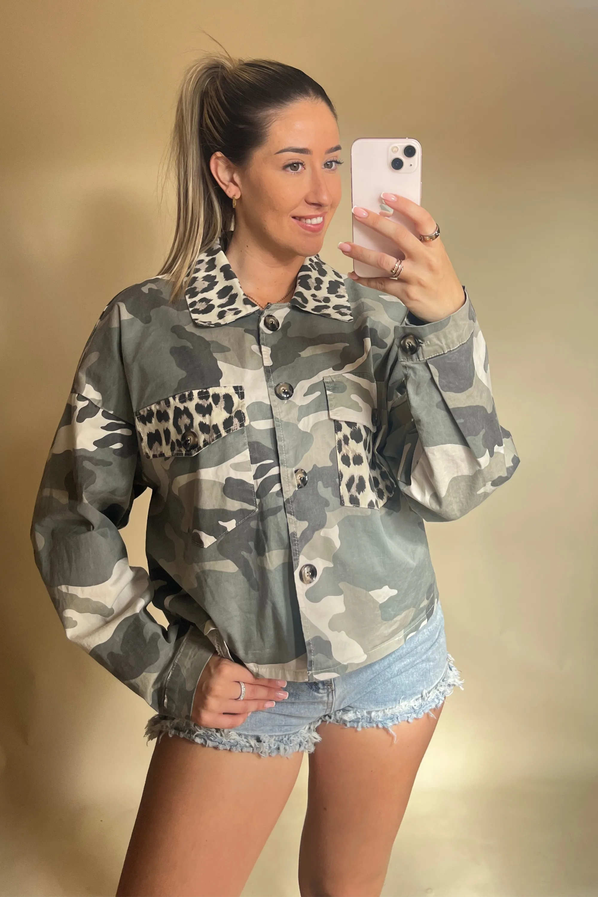 Camo & Leopard Print Boxy Fit Jacket