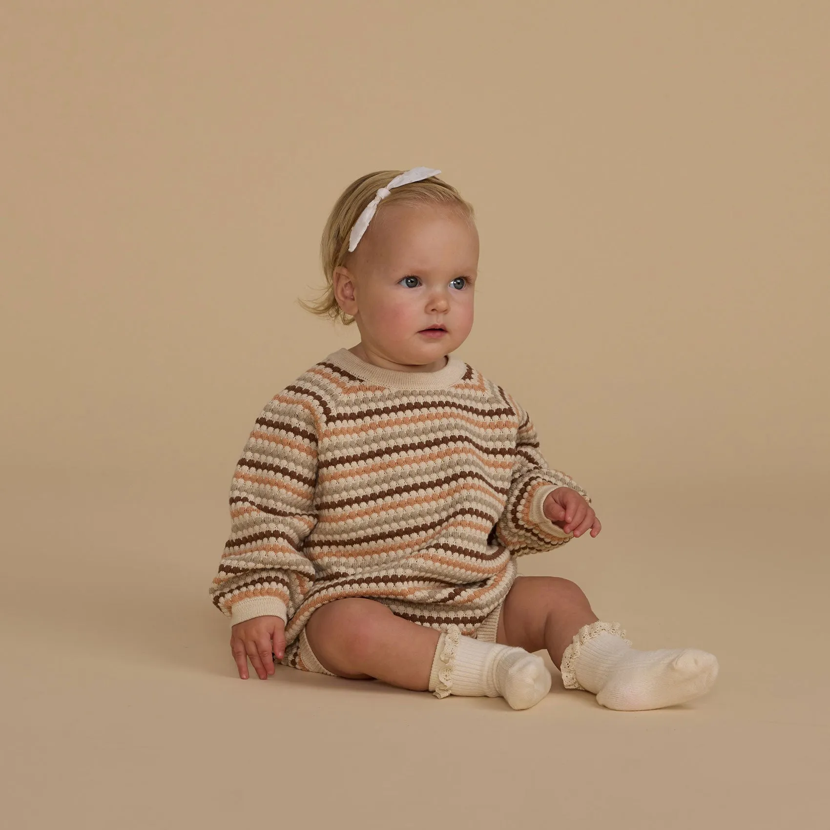 Crewneck Romper - Honeycomb Stripe - Natural / Shell / Dusty Blue / Saddle