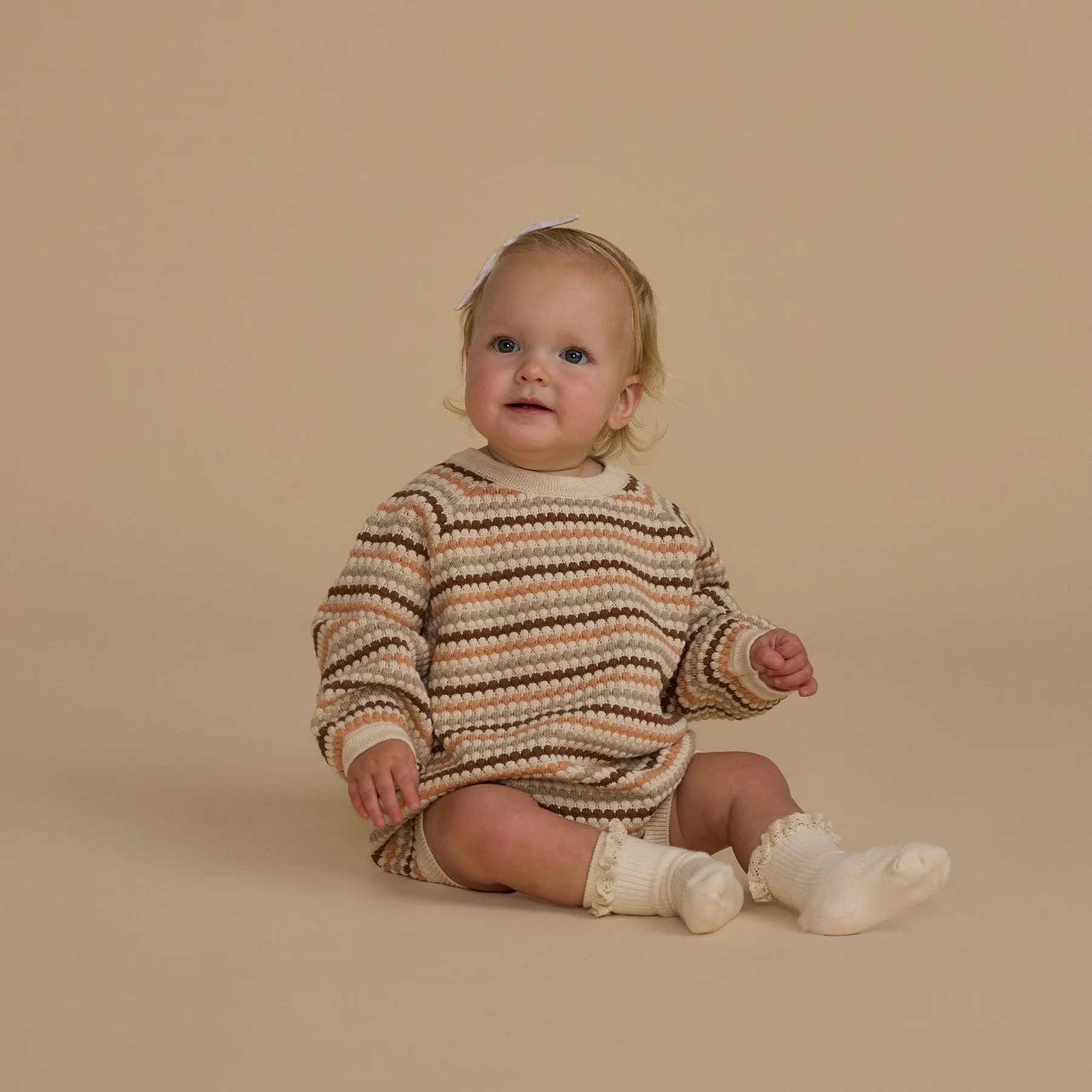 Crewneck Romper - Honeycomb Stripe - Natural / Shell / Dusty Blue / Saddle