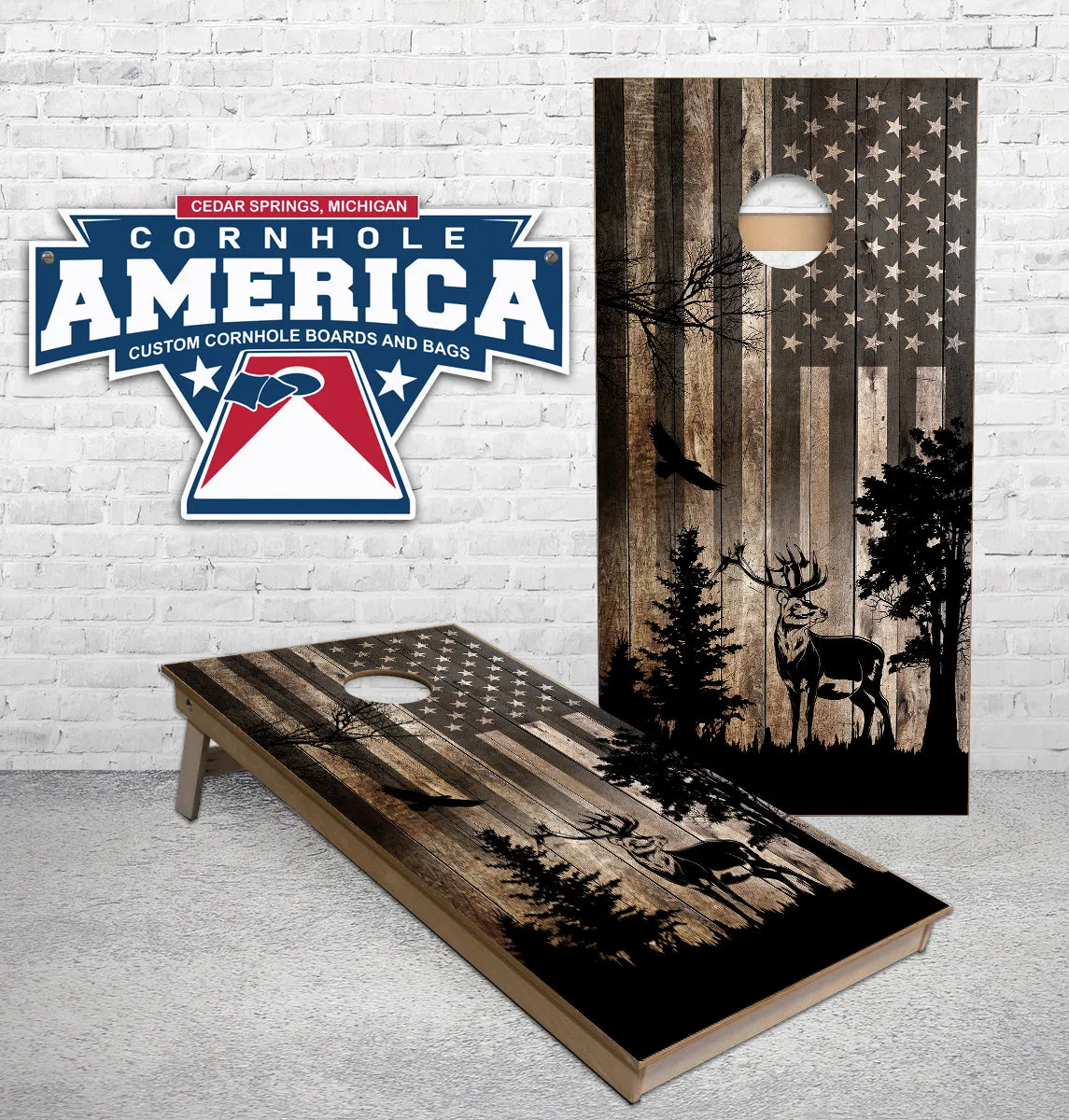 Elk rustic flag eagle cornhole boards